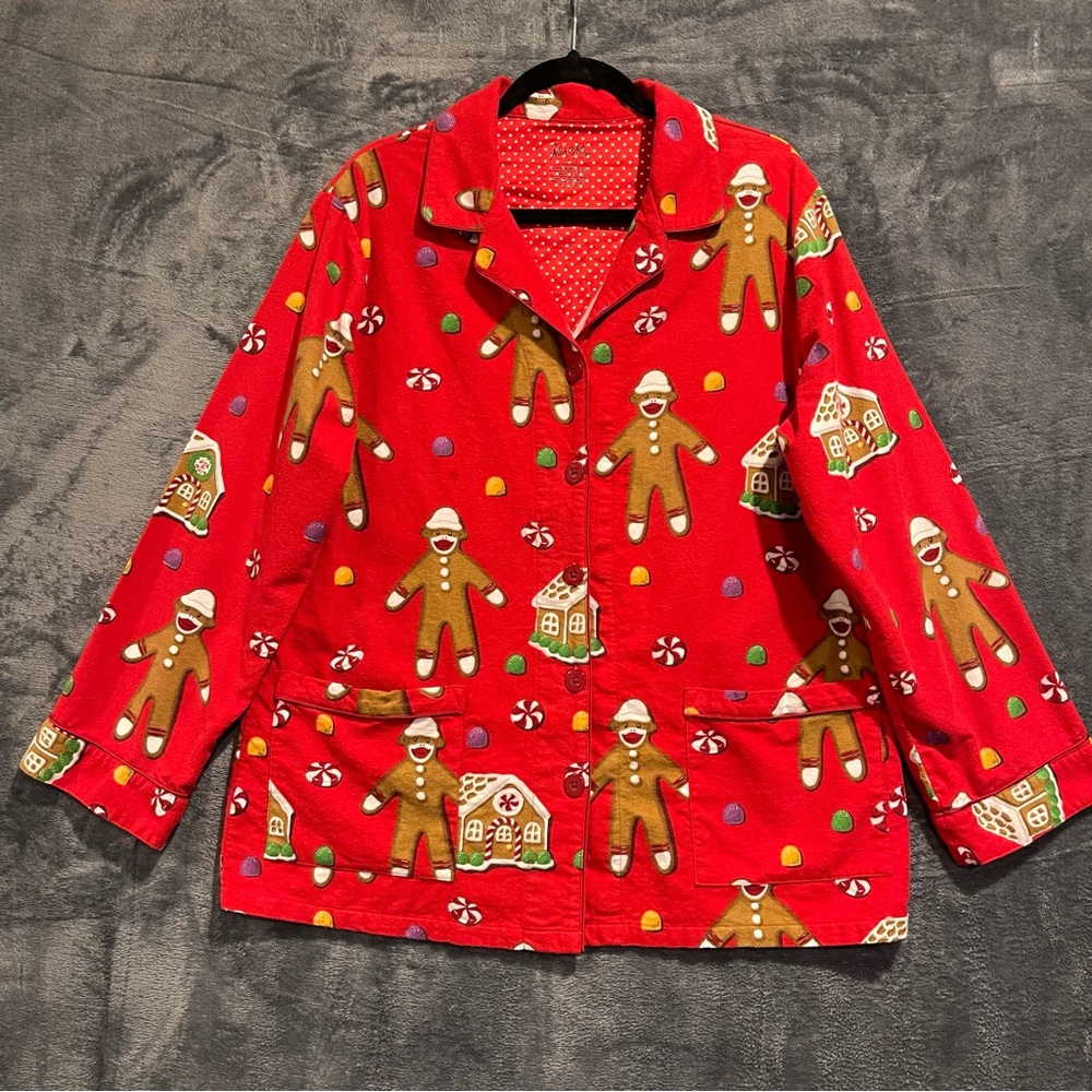 Nick & Nora Women’s XL Festive Red Gingerbread Pajama Top Flannel Sock Monkey